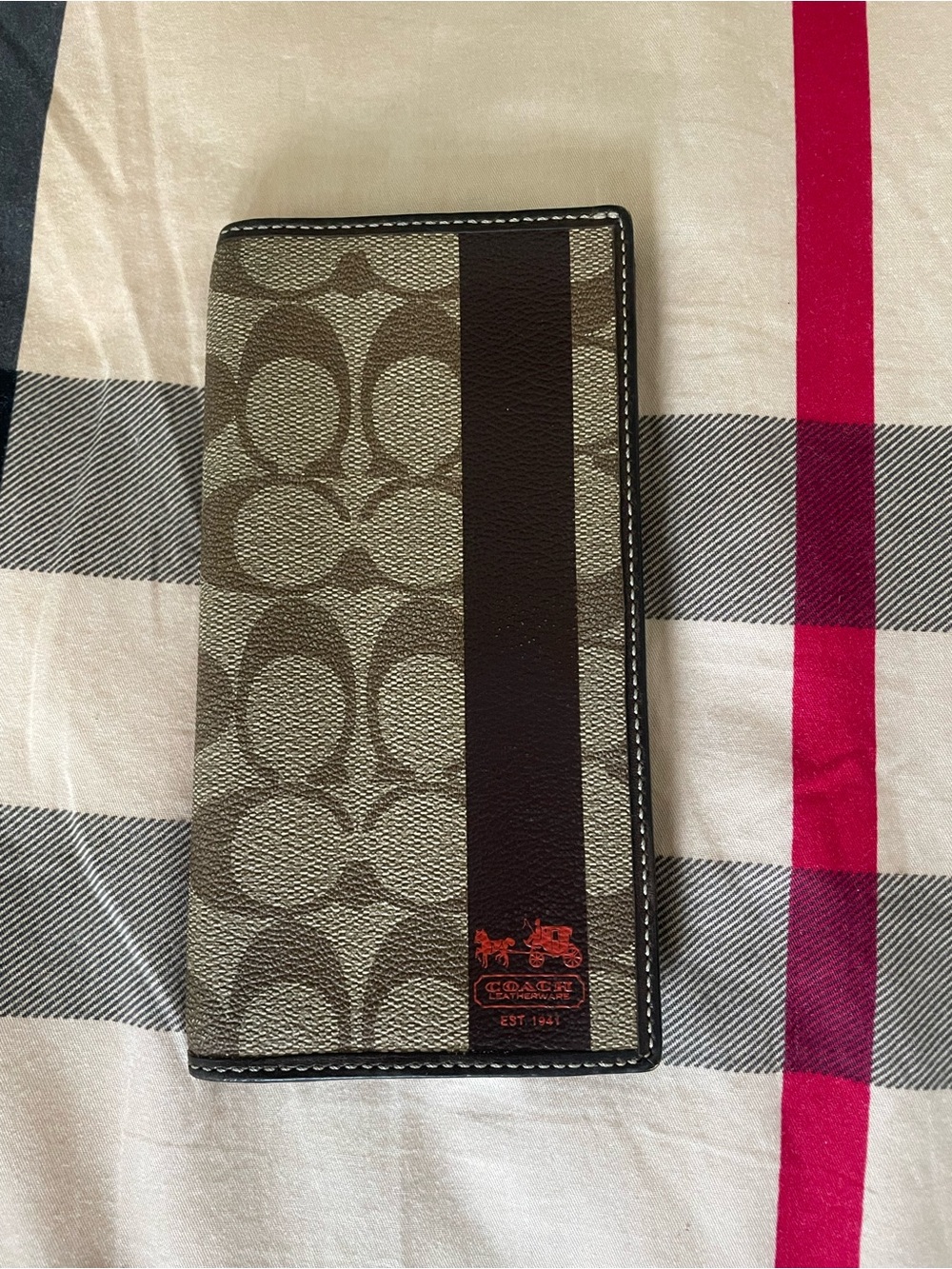 Coach Tall Signature Wallet in Khaki and Brown with Red Logo